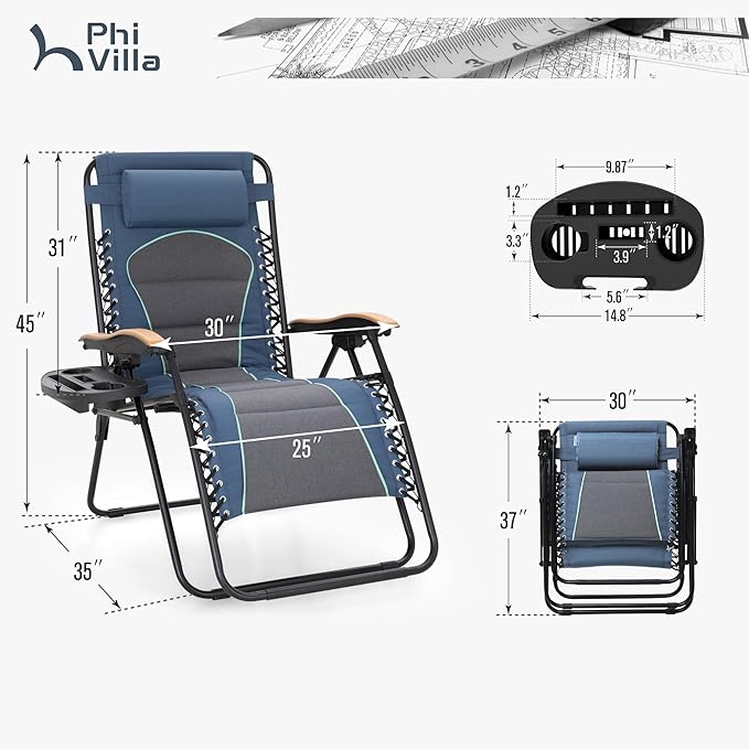 PHI VILLA XXL Oversized Padded Zero Gravity Chair, Foldable Patio Recliner, 30" Wide Seat Anti Gravity Lounger with Cup Holder, Support 400 LBS (Blue Accent)
