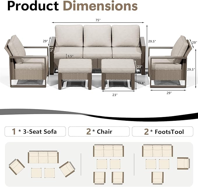 Outdoor Patio Furniture Set, 5 Piece Wicker Patio Conversation with Deep Seating, Thicken Cushions, Outdoor Club Chair - Photo 2