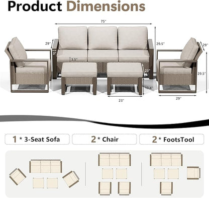 Outdoor Patio Furniture Set, 5 Piece Wicker Patio Conversation with Deep Seating, Thicken Cushions, Outdoor Club Chair, Metal Outdoor Furniture for Deck, Porch, Yard Use (Beige, 5 PCS/Chairs)