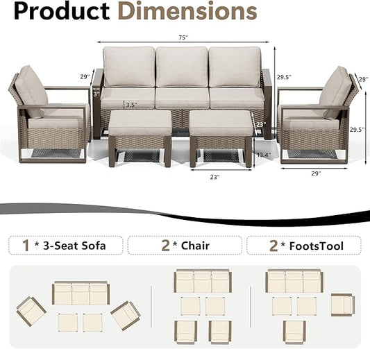 Outdoor Patio Furniture Set, 5 Piece Wicker Patio Conversation with Deep Seating, Thicken Cushions, Outdoor Club Chair, Metal Outdoor Furniture for Deck, Porch, Yard Use (Beige, 5 PCS/Chairs)