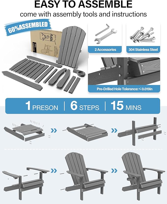 YEFU Adirondack Chairs Set of 2 for Patio: Zero Gravity Fire Pit Chairs Plastic with Cup Holders & Wood Texture - Sturdy All-Weather HIPS for Outdoor Backyard Lawn - Easy Assembly(Grey)
