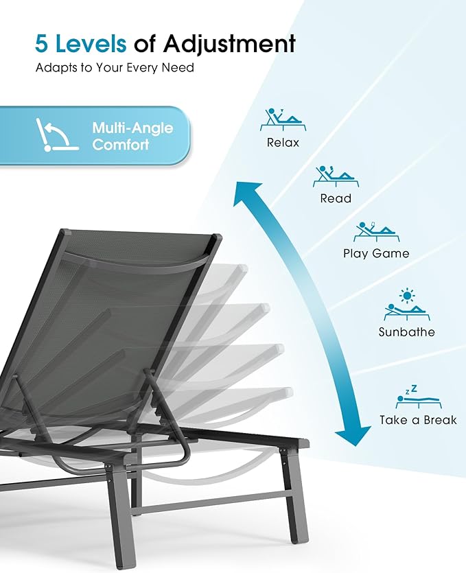 Ciokea Foldable Outdoor Lounge Chair Set of 2, No Assembly Aluminum Chaise Lounge Outdoor with 5 Adjustable Positions, Pool Lounge Chairs with Portable Design for Pool, Beach, Deck, Patio, Grey