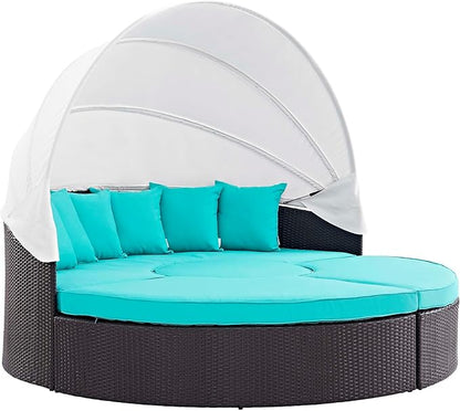 Modway Convene Wicker Rattan Outdoor Patio Retractable Canopy Round Poolside Sectional Sofa Daybed with Cushions in Espresso Turquoise