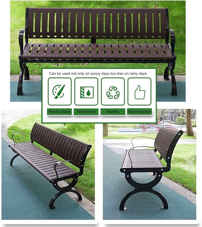 Outdoor Bench Garden Bench, Metal Garden Bench with Backrest and Armrests, Outdoor Patio Bench for Park, Porch and Church, Strong Load-Bearing Capacity(150 * 53 * 73cm/59 * 20.9 * 28.7in)
