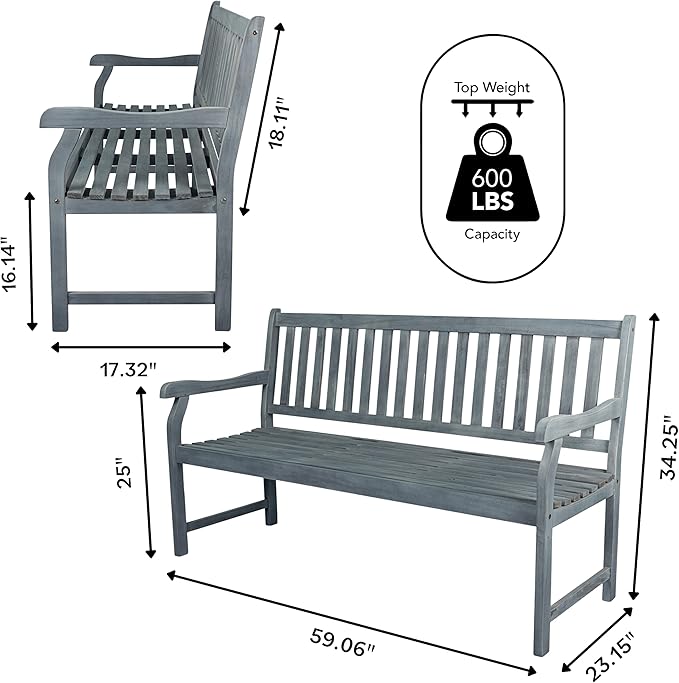 JONATHAN Y BNH101B Laurel 59.1" 3-Seat Slat-Back 600-Lbs Support Acacia Wood Outdoor Garden Patio Bench for Garden, Lawn - Photo 3