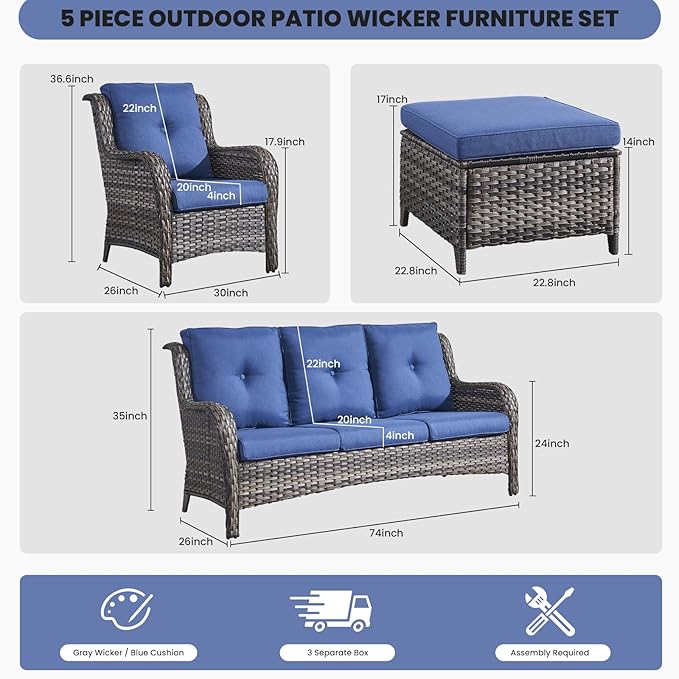 Belord Outdoor Wicker Furniture 5 Pieces Patio Furniture Sofa Set Patio Wicker Chairs with Ottomans Conversation Set for Porch Garden Deck Balcony Poolside