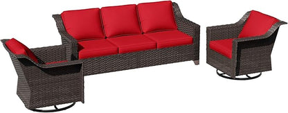 3 Pieces Patio Conversation Furniture Set - 1 Sofa, 2 Swivel Chairs, Outdoor Wicker Furniture with Removable Cushions for Porch, Balcony, Sunroom (Red)