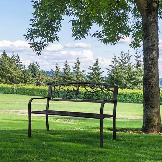 Patio Outdoor Park Loveseat Bench for Garden Porch Deck Made Cast Iron Anti-Rust Aluminum Metal, 2-3 Seater Aluminium Steel (Bird Pattern 50")