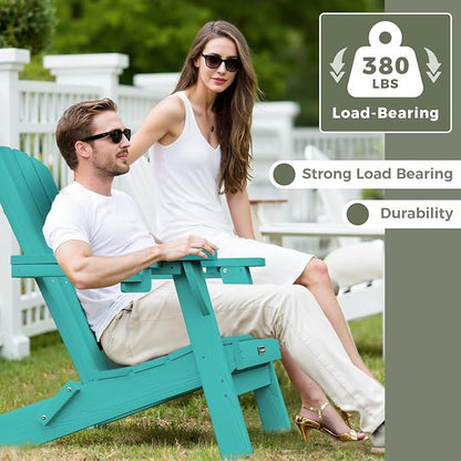Folding Adirondack Chair Wood Texture 6 Pack, HDPE All-Weather Fire Pit Chairs, Plastic Adirondack Chairs with 2 Cup Holder, Outdoor Lawn Chair for Patio Garden (Lake Blue)