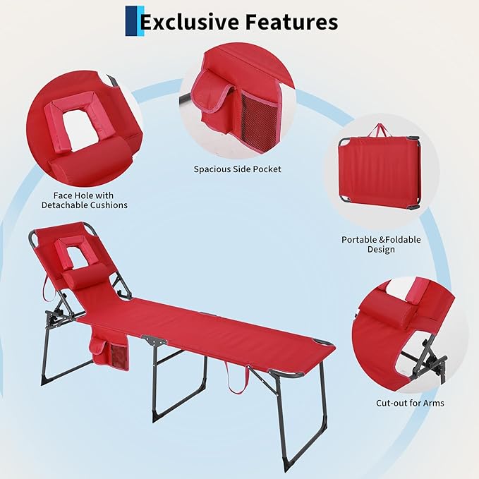 Tanning Chair with Face Hole Folding Beach Lounge Chair,5-Position Adjustable Backrest, Pillow & Side Pocket,Portable Face Down Chaise Lounge for Outdoor Backyard Poolside,Beach, Patio,Red