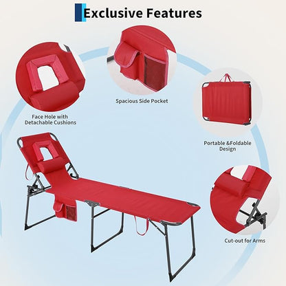 Tanning Chair with Face Hole Folding Beach Lounge Chair,5-Position Adjustable Backrest, Pillow & Side Pocket,Portable Face Down Chaise Lounge for Outdoor Backyard Poolside,Beach, Patio,Red