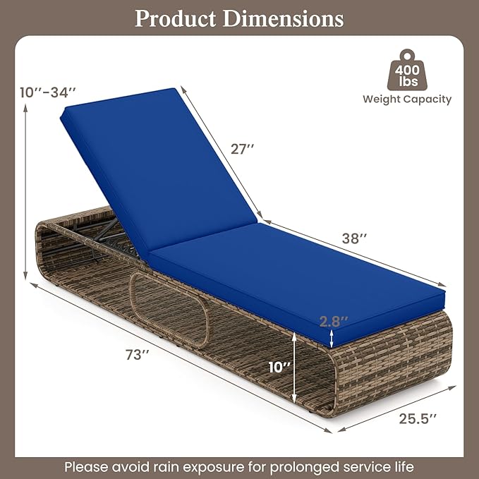 Tangkula Outdoor Chaise Lounge Chair, 7-Position PE Wicker Patio Reclining Sun Lounger with Adjustable Backrest, Cushion and Storage, Pool Sunbathing Recliner for Poolside, Backyard (1, Navy)