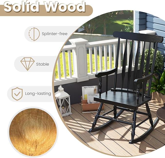 Giantex Outdoor Wood Rocking Chair Set of 2 - Patio Rocking Chair with Rubber Wood Frame, Slat Back, Outside & Indoor Rocker for Garden, Poolside, Balcony, Backyard, Lawn, Front Porch Rocker, Black