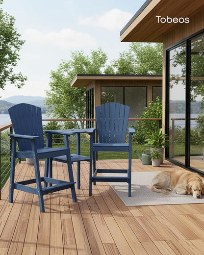 Tall Adirondack Chairs Set of 2, HDPE Outdoor Adirondack Chairs with Double Connecting Tray, Bar Height High Back Patio Chairs for Balcony, Deck, Backyard (Navy Blue, 2-PC Bar Chair Set)