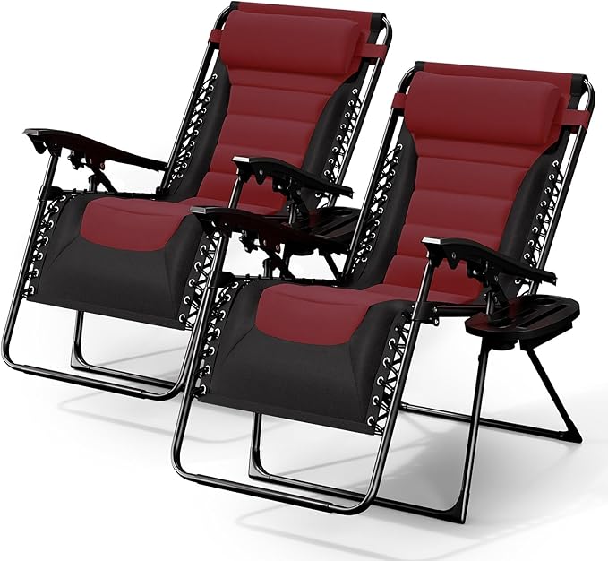 Nestl Outdoor Padded Zero Gravity Chair Set of 2, Patio Lounge Chair Outdoor Recliner, Oversized Anti Gravity Lounger with Adjustable Headrest and Cup Holder, Foldable for Camping - Black/Burgundy
