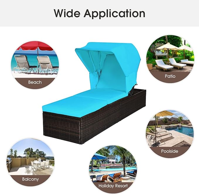 COSTWAY Patio Rattan Lounge Chair Chaise Cushioned Top Canopy Adjustable Turquoise - Photo 5