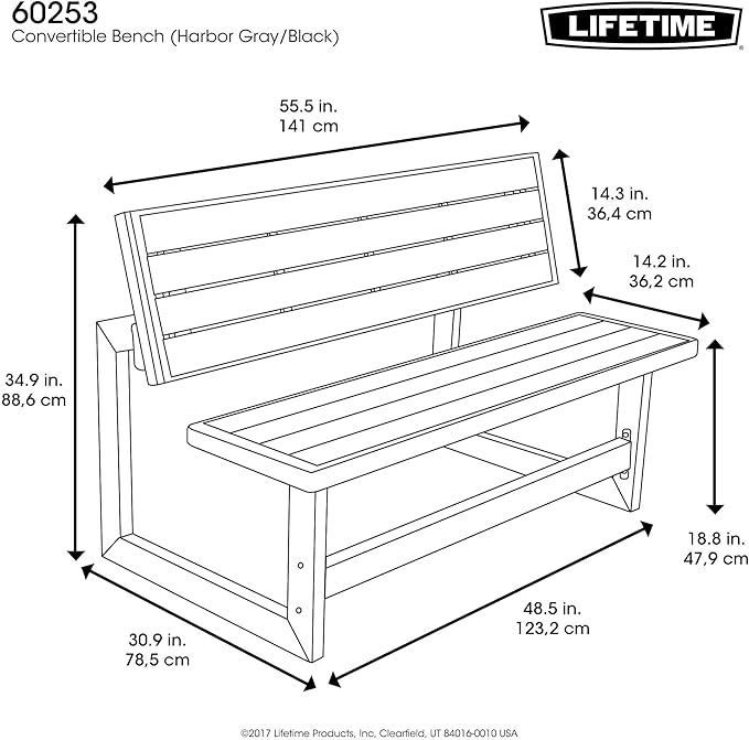 LIFETIME 60253 Outdoor Convertible Bench, 55 Inch, Harbor Gray - Photo 3