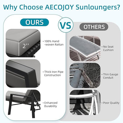 AECOJOY Chaise Lounge Chairs for Outside Set of 2, Adjustable Wicker PE Rattan Patio Pool Recliner Chair with Removable Cushion for Beach, Patio, Poolside, Lawn, Black Rattan&Dark Grey Cuchion