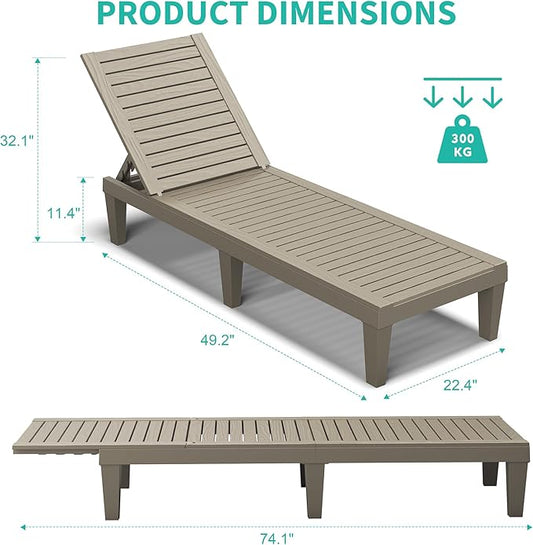 Patio Chaise Lounge Set of 2, 5-Position Adjustable Reclining Patio Lounge Chairs with Wood Grain Finish, All-Weather Resin Pool Lounge Chairs for Garden Deck Backyard (Grey)