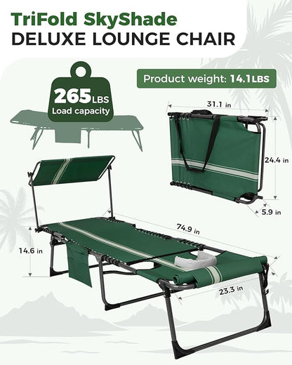 KingCamp 2 Pack Lounge Chair Outdoor with Canopy & Face Hole, Adjustable 5-Position Folding Chaise Tanning Recliner Portable Comfy Chaiser for Camping Outside Patio Pool Beach, Green/White