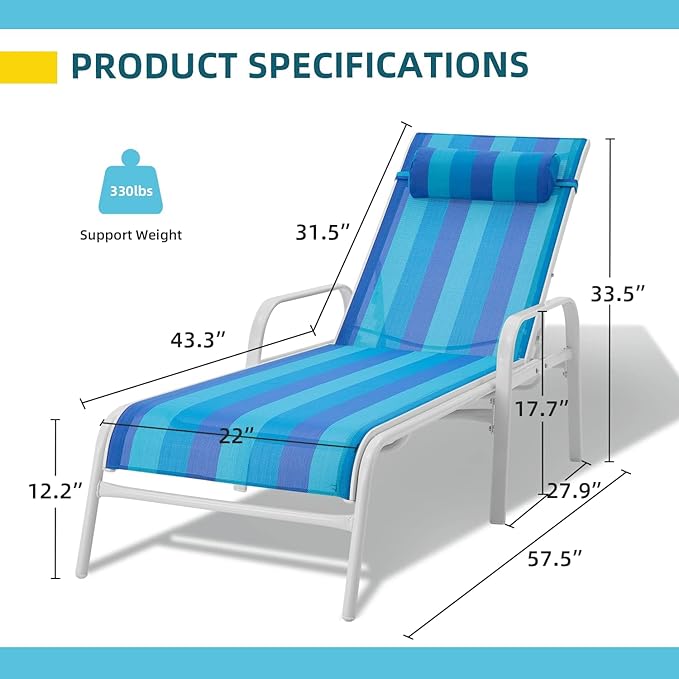 EROMMY Patio Chaise Lounge, Set of 2 Outdoor Lounge Chair (Blue) - Photo 3
