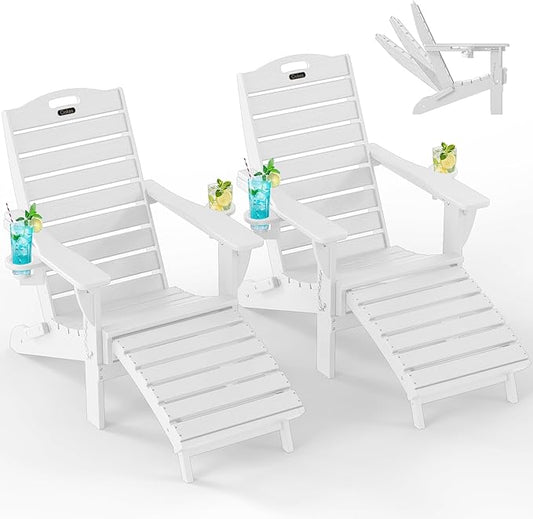 Ciokea Folding Adirondack Chair Set of 2 with Retractable Ottoman Fire Pit Patio Chair with Pull Out Foot Rest Weather Resistant Lawn Outdoor Chair with 2 Cup Holder (White)
