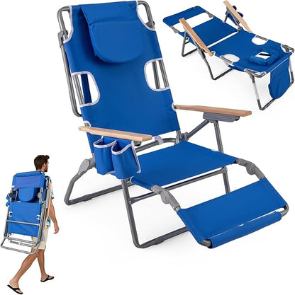 Goplus 3-in-1 Foldable Beach Chair, Lay-Flat Tanning Chair with Face and Arm Holes, Footrest, 330 lbs Heavy-Duty Portable Reclining Lounge Chairs for Outside, Camping, Patio, Poolside, Lawn (1,Navy)