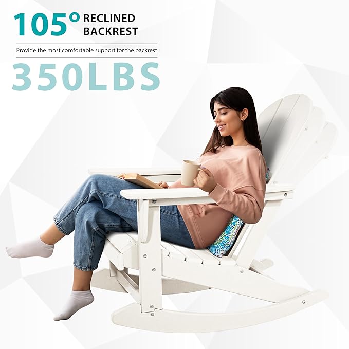 Sundale Outdoor Rocking Chair Set of 2 with Pillow, Patio Plastic All Weather Adirondack Rocker for Proch, Water Resistant for Outside, Garden, Pool, Yard, White