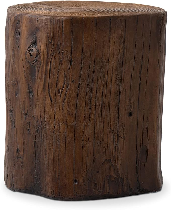 HOMPUS Concrete Outdoor Side Table,Tree Stump Modern Round Accent Table,Plant Stand Faux Wood End Garden Stool for Patio,Home Decor, Living Room(Walnut)