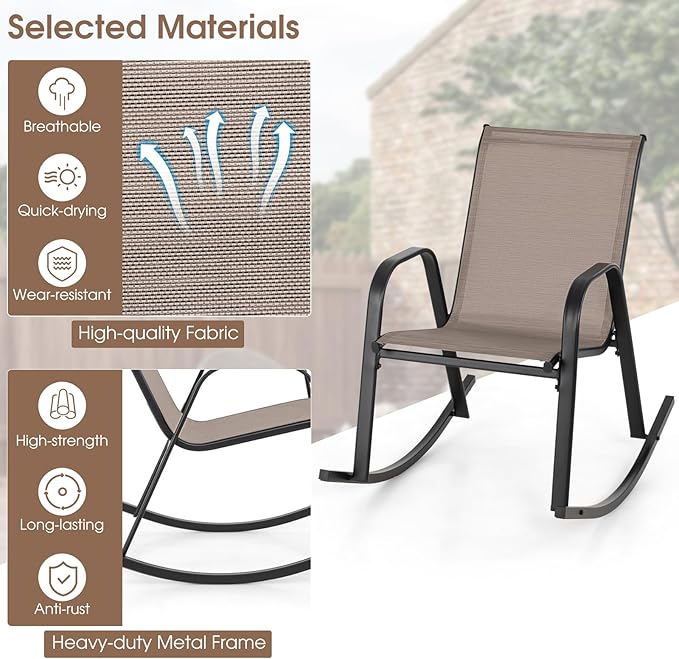 Giantex Outdoor Rocking Chairs Set of 2, Patio Rocking Chairs w/Breathable Seat & Back, Heavy-Duty Metal Support, Ergonomic Outside Rocker for Backyard, Poolside, Garden (1, Brown)