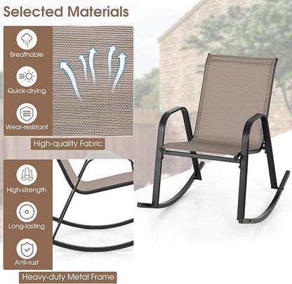 Giantex Outdoor Rocking Chairs Set of 2, Patio Rocking Chairs w/Breathable Seat & Back, Heavy-Duty Metal Support, Ergonomic Outside Rocker for Backyard, Poolside, Garden (1, Brown)