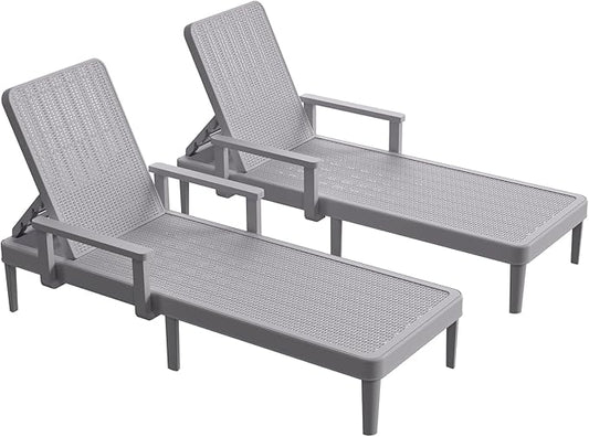 HOMSHADE Chaise Lounge Chair Outdoor - Set of 2 with 5 Position Adjustable Backrest, Armrest, Waterproof, 330lbs Weight Capacity for Pool, Resin, Light Grey