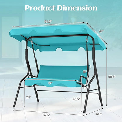 Tangkula 3 Person Porch Swing, Patio with Removable Cushion & Powder-Coated Steel Frame, Outdoor Swing with Canopy for Porch, Backyard, Garden, Balcony (Turquoise)