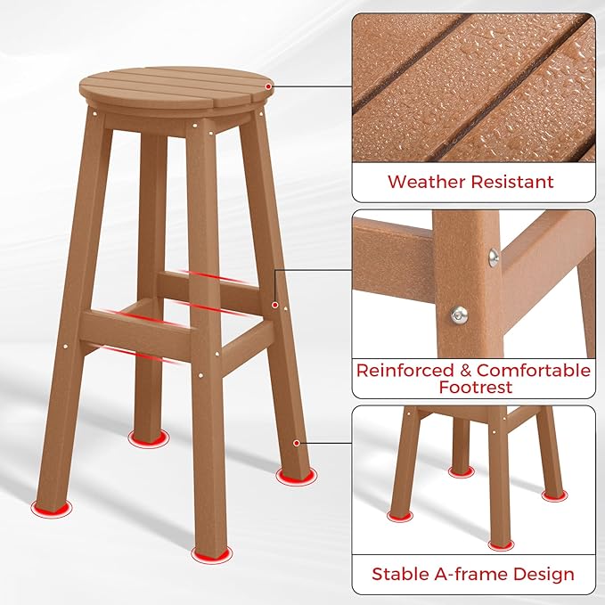 Costaelm 29" Height Outdoor Bar Stools, All-Weather Bar Stools, Adirondack Poly Patio Round Bar Stool for Patio, Deck, Kitchen Counter and Garden, Teak