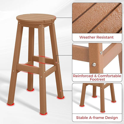 Costaelm 29" Height Outdoor Bar Stools, All-Weather Bar Stools, Adirondack Poly Patio Round Bar Stool for Patio, Deck, Kitchen Counter and Garden, Teak