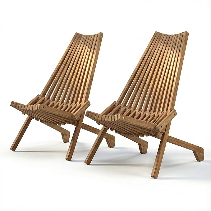 Folding Natural Wood Outdoor Chair, Stylish Low Profile Acacia Wood Lounge Chair for The Porch, Lawn, Garden or Outdoor Patio Furniture (2 Pack)