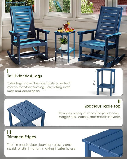 GREENVINES Tall-Outdoor-Side-Table | 23.5" | HDPE Plastic | Patio Adirondack End Tables | All Weather | 2-Tier | Blue | for Porch Garden Indoor & Rocking Chairs