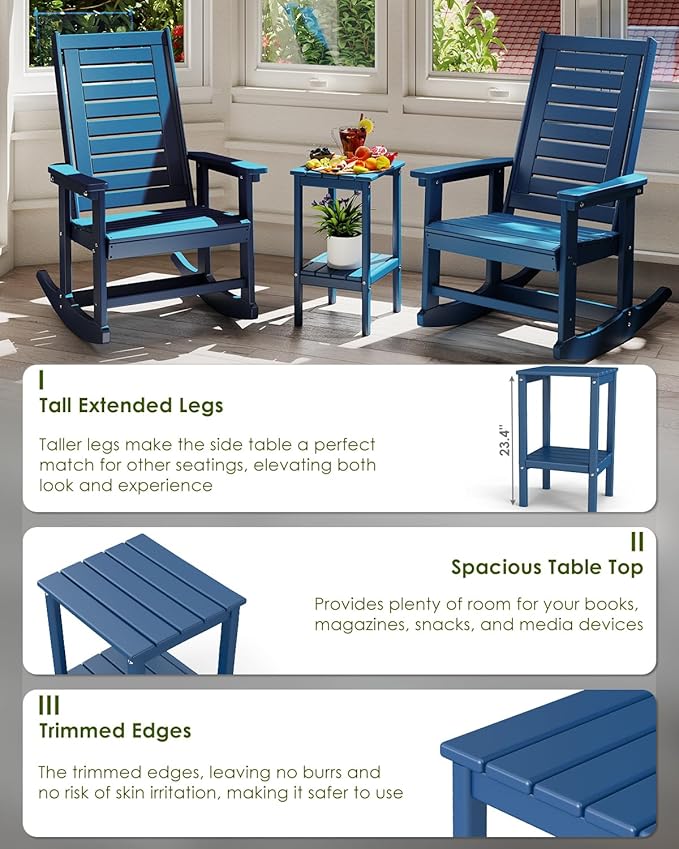 GREENVINES Tall-Outdoor-Side-Table Set of 2 | 23.5" | HDPE Plastic | Patio Adirondack End Tables | All Weather | 2-Tier | Blue | for Porch Garden Indoor & Rocking Chairs