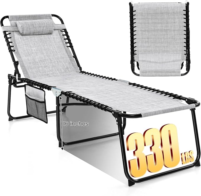 GYMAX Lounge Chairs for Outside, Extra High Folding Beach Tanning Lounger with Adjustable Backrest - Photo 1
