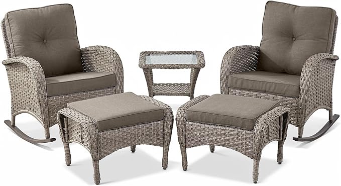 Belord 5 Piece Patio Rocking Chairs Furniture Set - Outdoor Wicker Furniture with Ottomans and Side Table - Photo 2