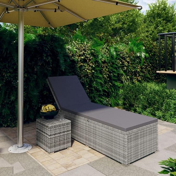 Poly Rattan Sun Lounger with Adjustable Backrest, Gray Outdoor Chaise Lounge Chair - Photo 1