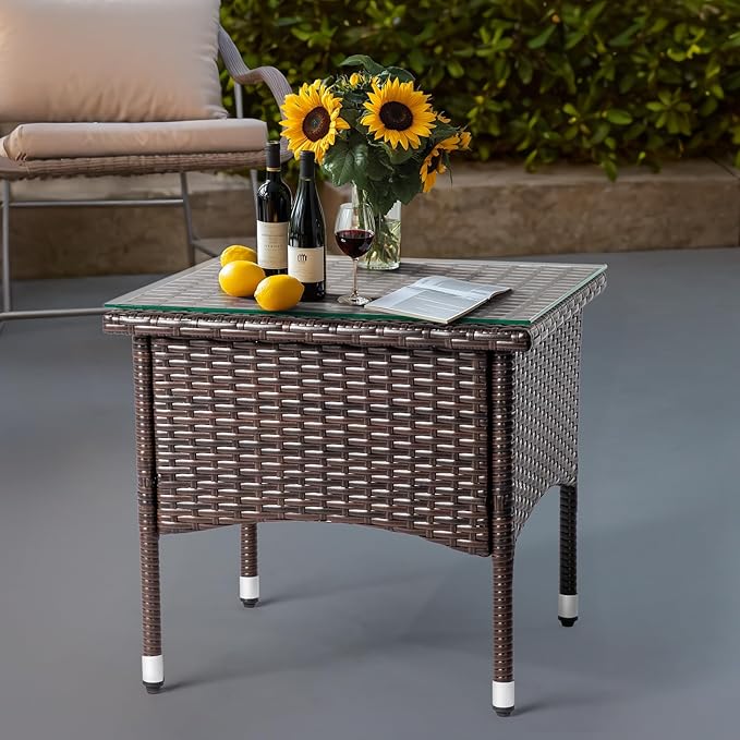 Outvita 20" Patio Coffee Table, Glass Tabletop Square Side Table, Waterproof & Rustproof, Adjustable Feet - Photo 2