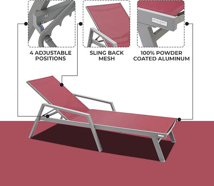LeisureMod Marlin Patio Chaise Lounge Chair, Adjustable Outdoor Grey Aluminum Lounge with Breathable Mesh Sling Back, Lightweight Poolside Reclining Sun Lounger Weather & UV Resistant (Burgundy)