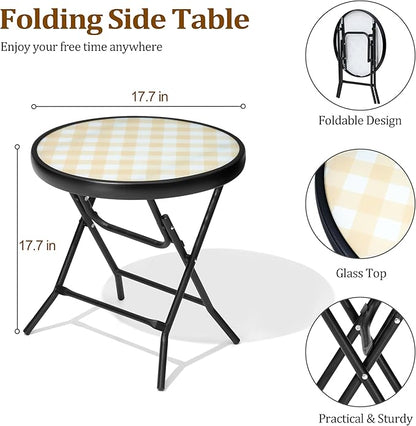 Foldable Patio Side Tables, 17.7" Small End Table Outdoor Weatherproof, Round Glass Top Outside Folding Table for Poolside, Balcony, Yard, Porch（Yellow）