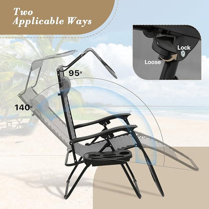 Athena Collection Patio Chairs Set of 2 Reclining Lounge Chair with Cup Holder and Pillow Fabric Camping Chairs with Canopy Foldable Beach Chairs for Garden, Park, Deck, Yard, Poolside, Grey
