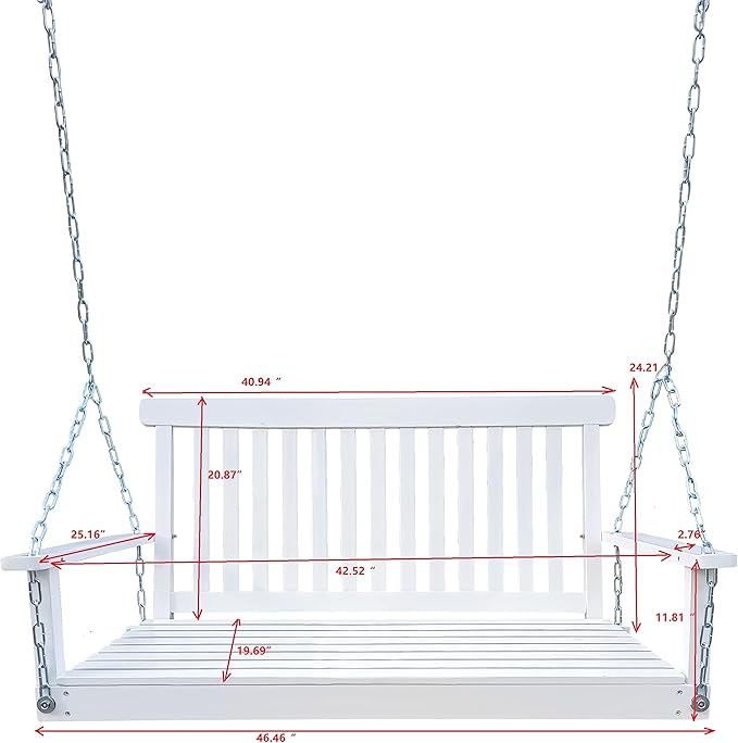 Bellemave Front Porch Swing Wood Hanging Bench with Armrests Outdoor Swing Chair with Chains, for Patio Backyard Poolside Garden Yard Sunroom, Easy to Assemble, Black Wood