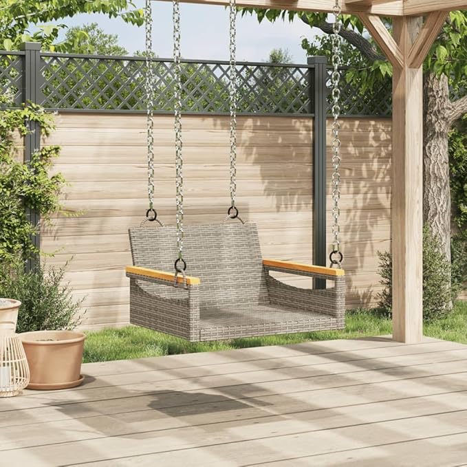 Modern Gray Patio Swing Bench 24.4"x24.8"x15.7" Poly Rattan Single Seat Lounge Chair for Garden Balcony Porch Outdoor Relaxation