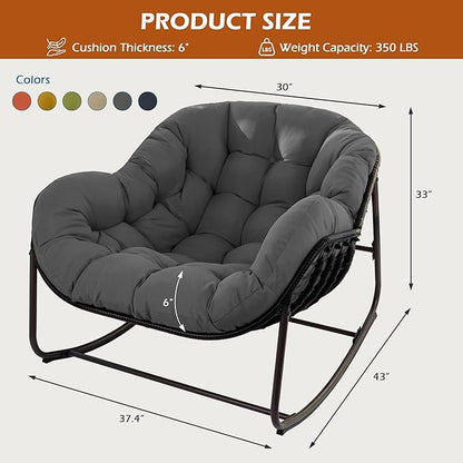 Papasan Rocking Chair Indoor & Outdoor, Oversized Egg-Shaped Papasan Rocker with Cushion & Pillow, All-Weather Wicker Patio Lounge Chair for Garden, Porch, Living Room (Gray)