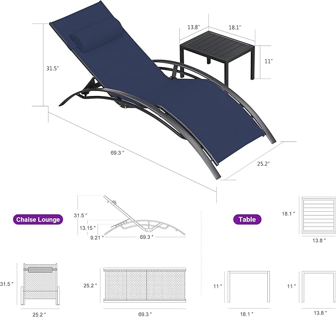 PURPLE LEAF Patio Chaise Lounge Chair Set with 2 Side Table Outdoor Pool Adjustable Recliner Chairs for Outside Beach Poolside Sunbathing Tanning Lounger