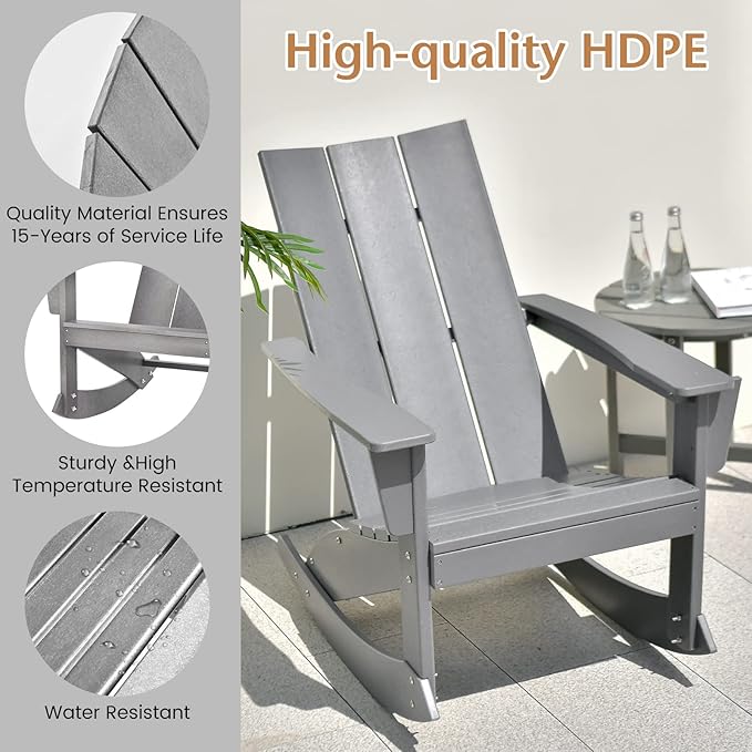 Giantex Outdoor Rocking Chairs Set of 2 - Waterproof HDPE Adirondack Rocker with Curved Back, Rounded Armrest, 330lbs Weight Capacity, Outside Chair for Patio, Porch, Balcony, Backyard, Poolside, Gray